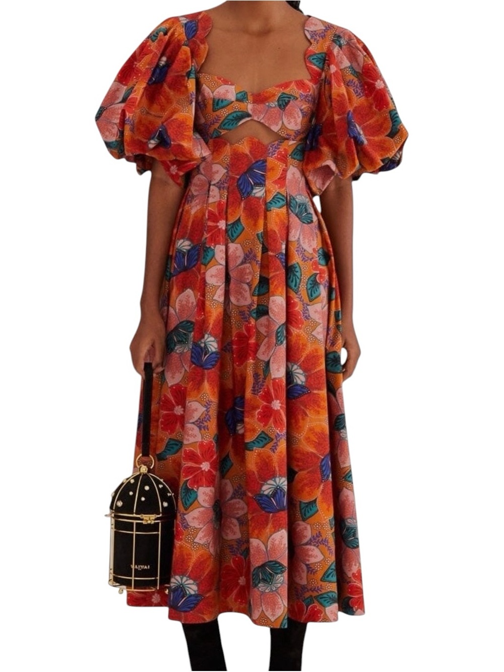 Farm Rio Marias Cut-Out Cotton Floral Puff Sleeve Scallop Square Neck Midi Dress
